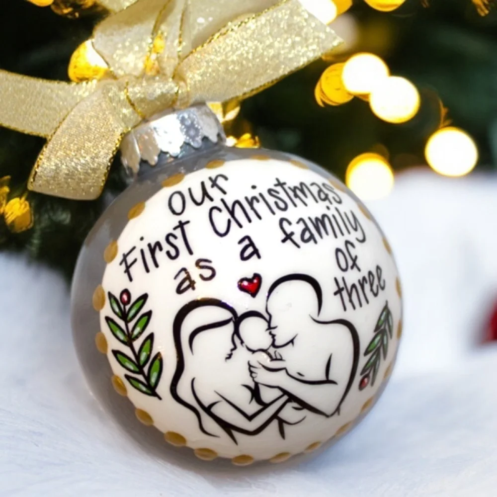 “Our First Christmas as a Family of Three” Personalized Ornament | Hand-Painted